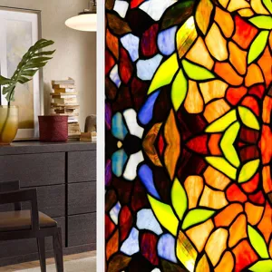 Colorful retro floral stained glass window film, static cling pvc glass sticker for home decor.