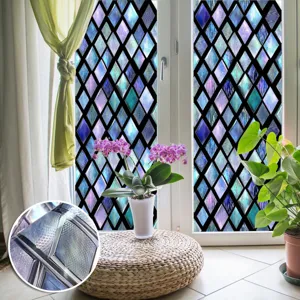 3D stained glass window film with geometric diamond pattern, embossed decorative privacy sticker.