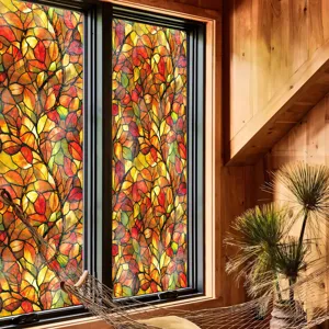 Film pour vitre vitrail feuille d'automne, autocollant décoratif coloré pour verre.