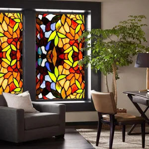 Retro stained glass window film scene showing colorful abstract leaf pattern on living room window.
