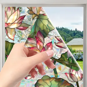Detail view of stained glass lotus window film showing easy peeling and vibrant colors.