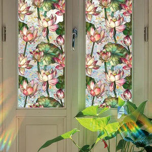 Detailed close-up view of colorful lotus stained glass window film, static PVC glass sticker.