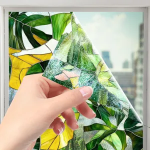 Film pour fenêtre en vitrail feuilles tropicales autocollant statique décoratif pour maison