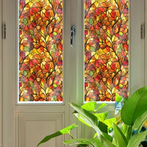 Vue détaillée du film pour fenêtre en verre teinté aux feuilles d'automne, décoration et intimité.