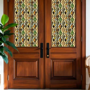 Decoratieve retro glas in lood raamfolie PVC sticker met kleurrijke steen textuur.