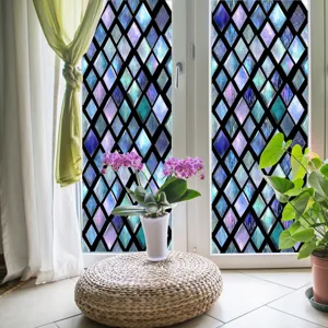 Decorative 3D stained glass window film, geometric diamond static cling privacy film for home.