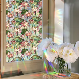Decorative stained glass window film with lotus flower design, rainbow window sticker for home.