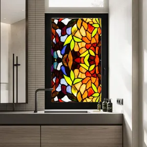 Colorful retro floral PVC static window film for home decoration and privacy protection.