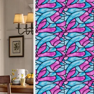 Stained glass window film detail showing colorful retro floral pattern and interior room context.