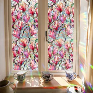 Decorative static window film with colorful magnolia flower pattern and rainbow prism glass sticker.