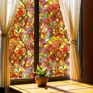 Film pour vitrage style Tiffany vitrail motif feuille d'automne autocollant intimité