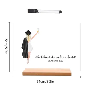 Acryl afstuderen desktop bord met houten basis en marker, 15x21cm decoratie.