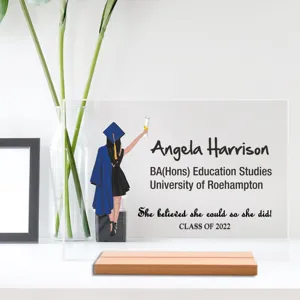 Gepersonaliseerde acryl afstudeerplaat met houten sokkel bureau decoratie cadeau voor afgestudeerde