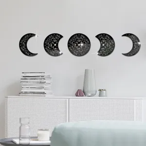 3D moon phase acrylic wall mirror stickers, black hollow decorative wall art for home.