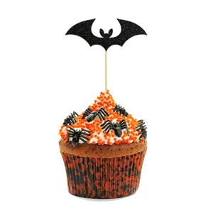 Halloween cupcake topper set with black glitter bat and spiders for party decor detailing.