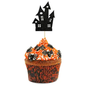 Halloween glitter black haunted house cupcake topper with spiders for party decor.
