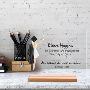 Gepersonaliseerde acryl afstudeerplaquette met houten voet bureau decoratie cadeautje voor