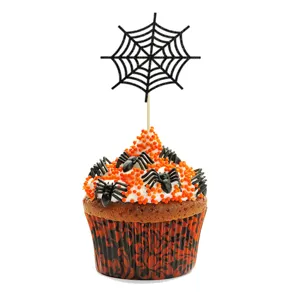 Halloween cupcake topper set with black spider web and plastic spiders for party.