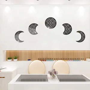 Detailed view of 3D moon phase acrylic mirror wall stickers, perfect for modern home decoration.