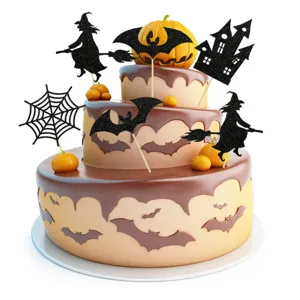 Halloween Cake Toppers Glitter Black Ghost Skull Pumpkin Cupcake Picks Party Baking Decorations Dessert Table Supplies