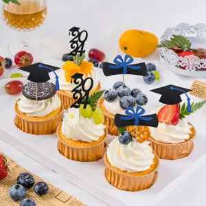 Graduation cupcake toppers glitter paper 2024 grad cap party cake decorations set.