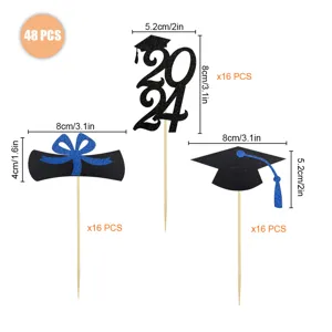 48pcs graduation cake toppers glitter paper graduation cap 2024 party cupcake picks