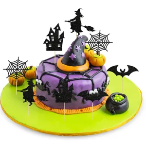 Halloween cake topper set featuring black glitter witch castle bat designs for party decor.