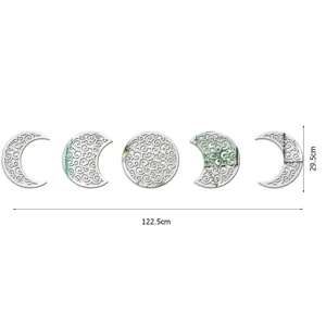 Moon phase acrylic mirror wall sticker detail showing hollow carved patterns and size data.
