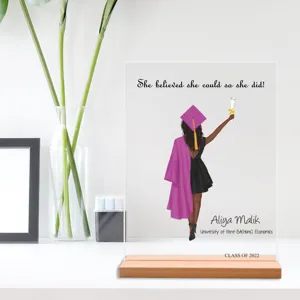 Gepersonaliseerde acryl afstudeerplaquette met houten sokkel bureau decoratie cadeau item
