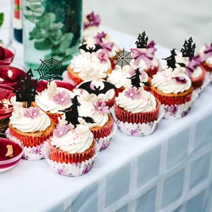 Halloween cupcake toppers glitter black paper witch castle cake decorations party supplies 10pcs