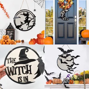 Cartello sospeso in legno Halloween strega pipistrello luna decorazione murale 1pz