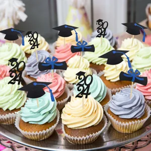 Glitter paper graduation cupcake toppers 2024 mortarboard party cake decoration inserts