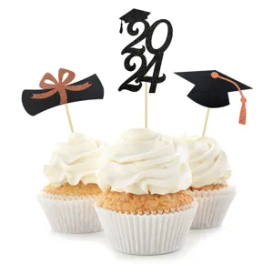 Graduation cupcake toppers 2024 glitter black graduation cap cake decorations party supplies