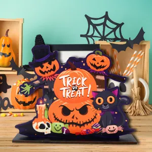 Ξύλινη Επιτραπέζια Διακόσμηση Halloween Κολοκύθα Φάντασμα Mάγισσα Χάρος Εορταστική Διακόσμηση Κέντρου Τραπεζιού για Πάρτι Σπιτιού