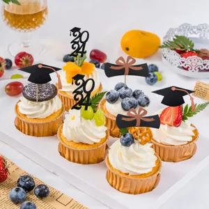 Graduation cupcake toppers glitter paper 2024 graduation party cake decorations black