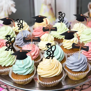 Graduation cupcake toppers glitter paper grad cap 2024 party cake decoration supplies