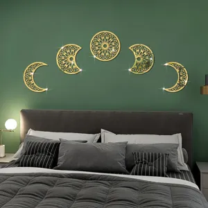 3D gold acrylic moon phase wall stickers, geometric mirror home decor for bedroom use