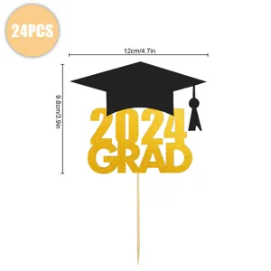 Graduation cake topper 2024 design with wooden stick, perfect for grad party decor 24pcs.