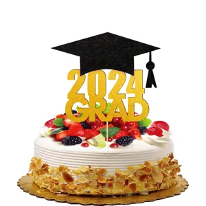 Graduation cake topper 2024 black and gold glitter cap and grad sign for party decor.