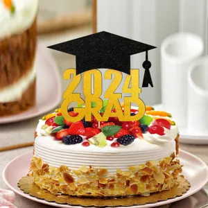 Glitter gold 2024 grad cake topper graduation party decorative paper insert for celebration