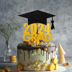 Graduation cake topper 2024 gold glitter grad cap party cake decoration black cardstock