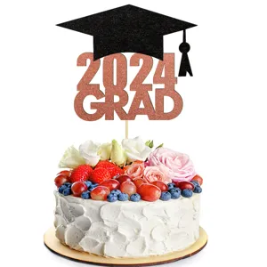 Graduation cake topper 2024 grad glitter paper decorative party dessert insert card.