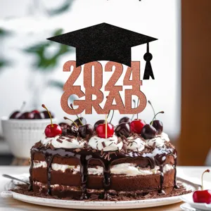 Graduation cake topper detail shot, 2024 grad glitter paper decoration for party celebration.