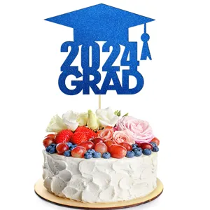 Details of the blue glitter 2024 grad cake topper, perfect for graduation party decoration.