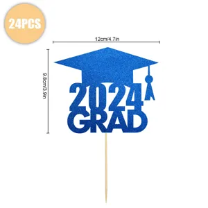 Blue glitter 2024 graduation cake topper detail showing dimensions and 24pcs package count.
