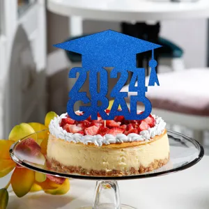 Blue glitter 2024 grad cake topper graduation party decoration glitter paper cupcake pick