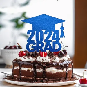 Blue glitter 2024 graduation cake topper detail closeup for celebration party dessert decor.