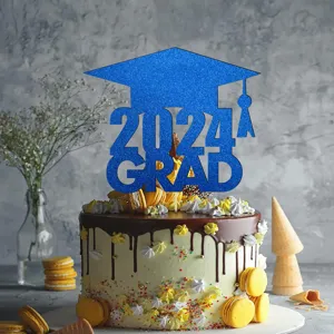 Blue glitter 2024 grad cake topper graduation party decoration celebration supplies
