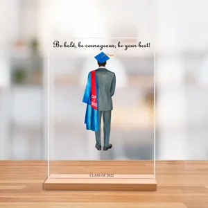 Acryl afstuderen bureau plaque met houten basis, aangepaste afstudeertafel decoratie.