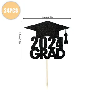 2024 Graduation black glitter cake topper for graduation party celebration decorations 24pcs pack